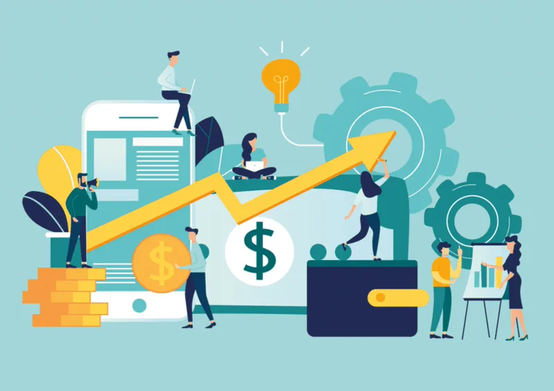Illustration of a practice team growing revenue, with a rising chart and coins